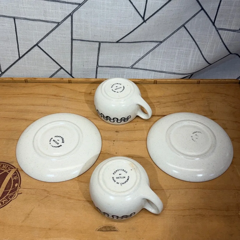 Vintage Poppytrail by Metlox Blue Wavy Squiggle Cup and Saucer Set of 2‎ CHIPPED